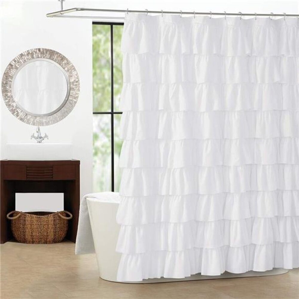 White Ruffle Shower Curtain - Farmhouse Cloth Bathroom 72 x 72 Inches Texture